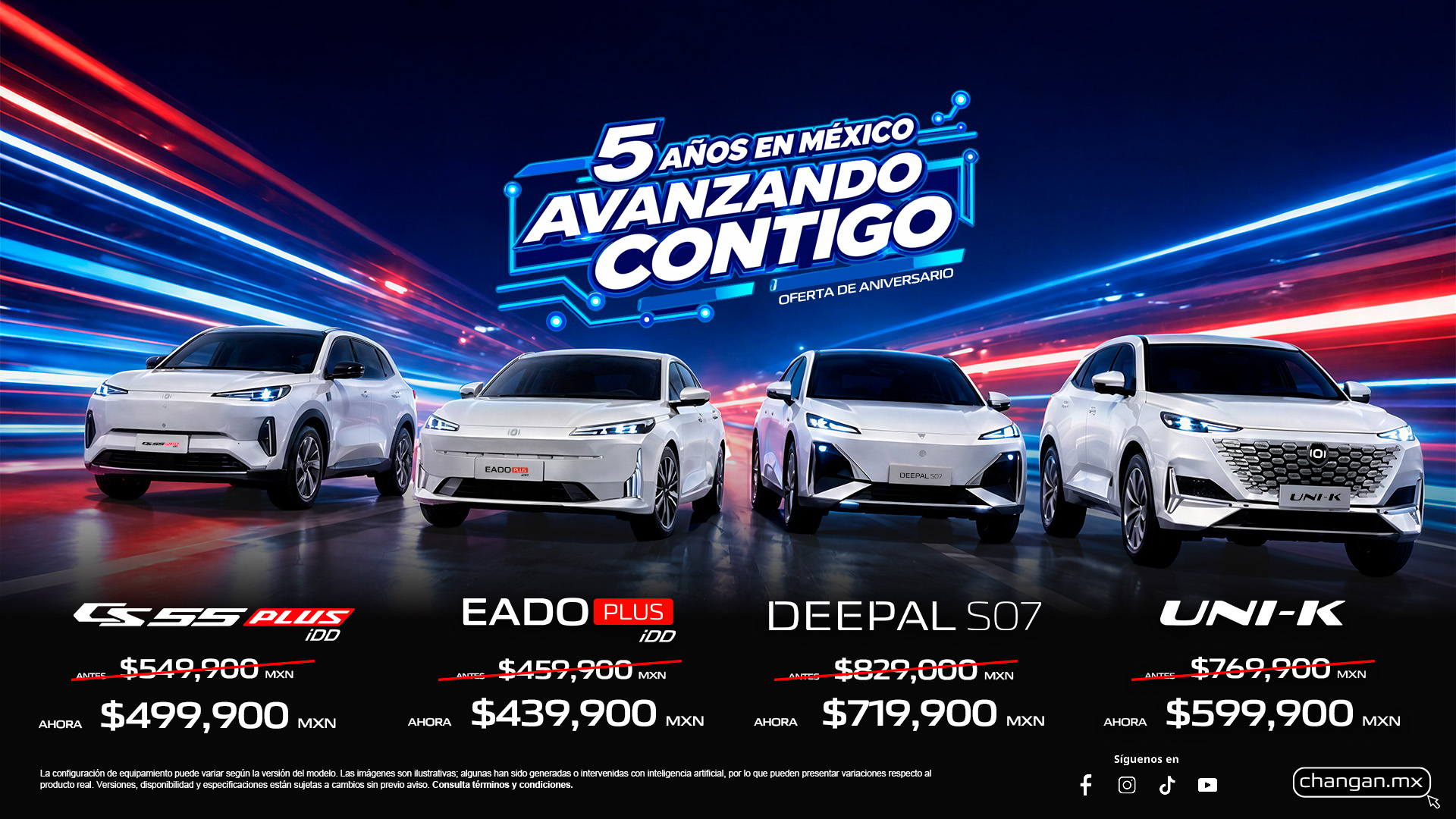 Campaña de aniversario CHANGAN: CS55 PLUS iDD, EADO PLUS iDD, DEEPAL S07 y UNI-K.